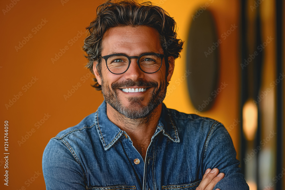 Aufkleber man with glasses and a beard smiling warmly while standing against a plain background with a friendl