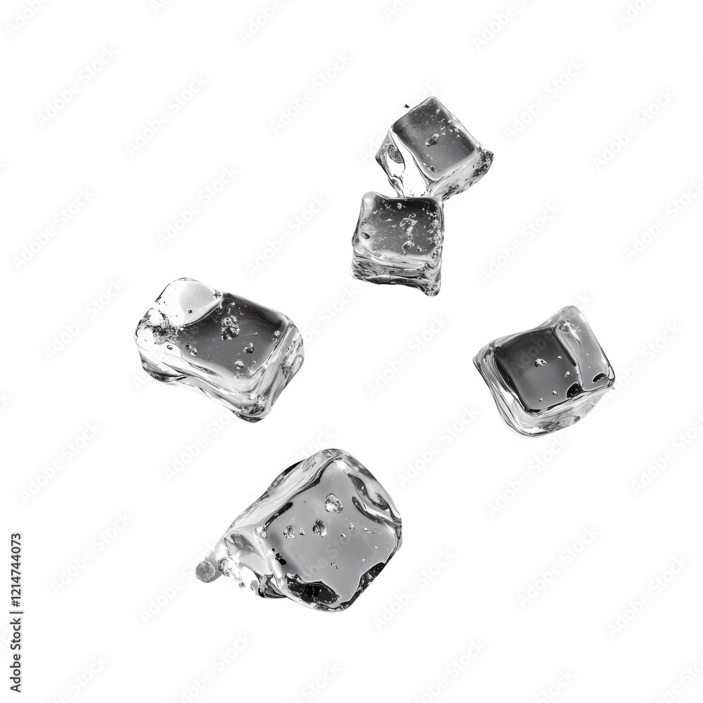 Poster five ice cubes fall against a white background with water droplets scattered around them.