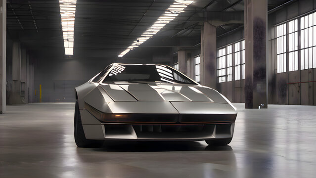 Sleek, angular electric vehicle in a modern industrial setting, emphasizing innovation and minimalist design