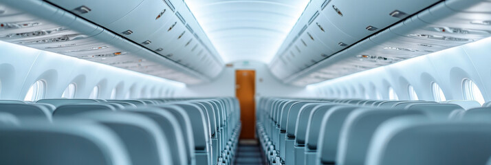 modern airplane interior featuring rows of empty seats and overhead compartments, creating spacious and clean atmosphere. Ideal for travel and aviation themes