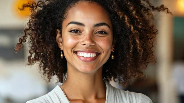 A cheerful young woman with curly hair stands in a modern cafe, radiating positivity and warmth with her bright smile during daytime.