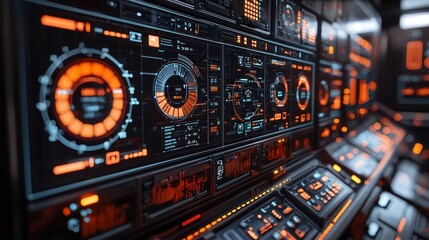 Futuristic Control Panel Interface with Glowing Data Streams and Graphs