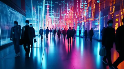 Group of people walking through a futuristic building with glowing neon lights. Modern city life and technology concept. High quality 4k footage