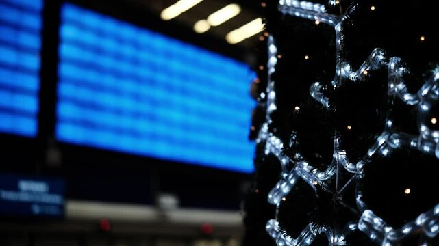 Large Illuminated Arrivals And Departures Board At The Train Station Stands Next To A Christmas Tree