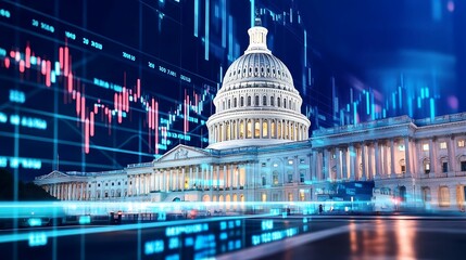 capitol building, government, stock market. A futuristic view of the U.S. Capitol with digital financial graphs overlaying, symbolizing the intersection of politics and technology.