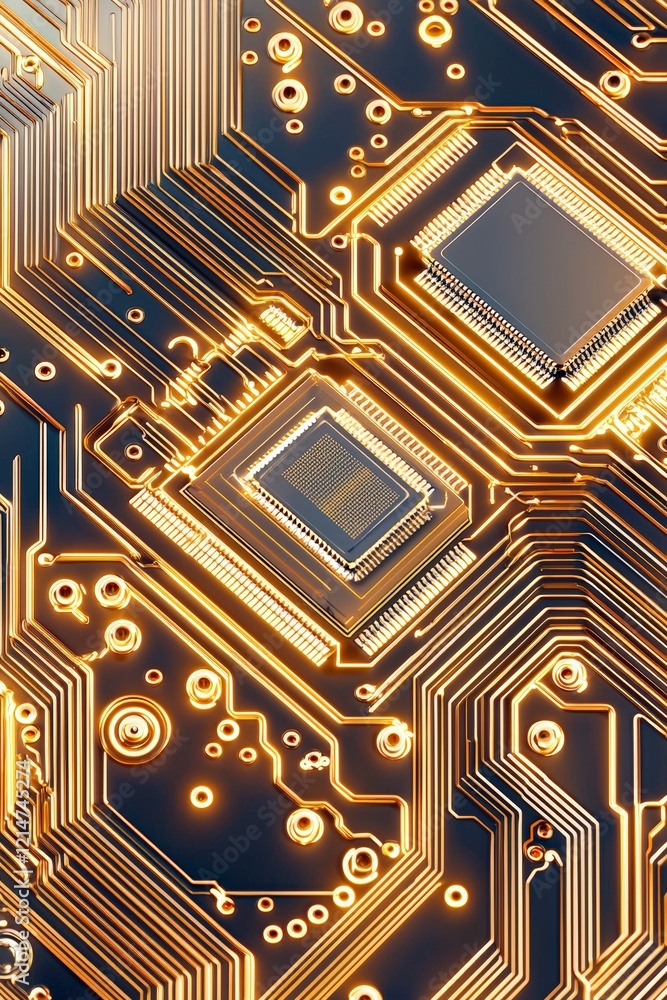 Poster an abstract view of microchips and circuits illuminated with golden light, showcasing the complexity