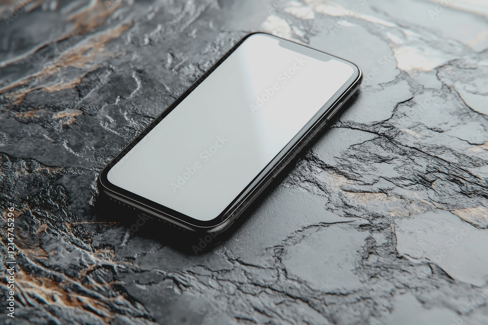 Poster a close-up view of a modern cell phone placed on a smooth black surface showcasing its design and fe
