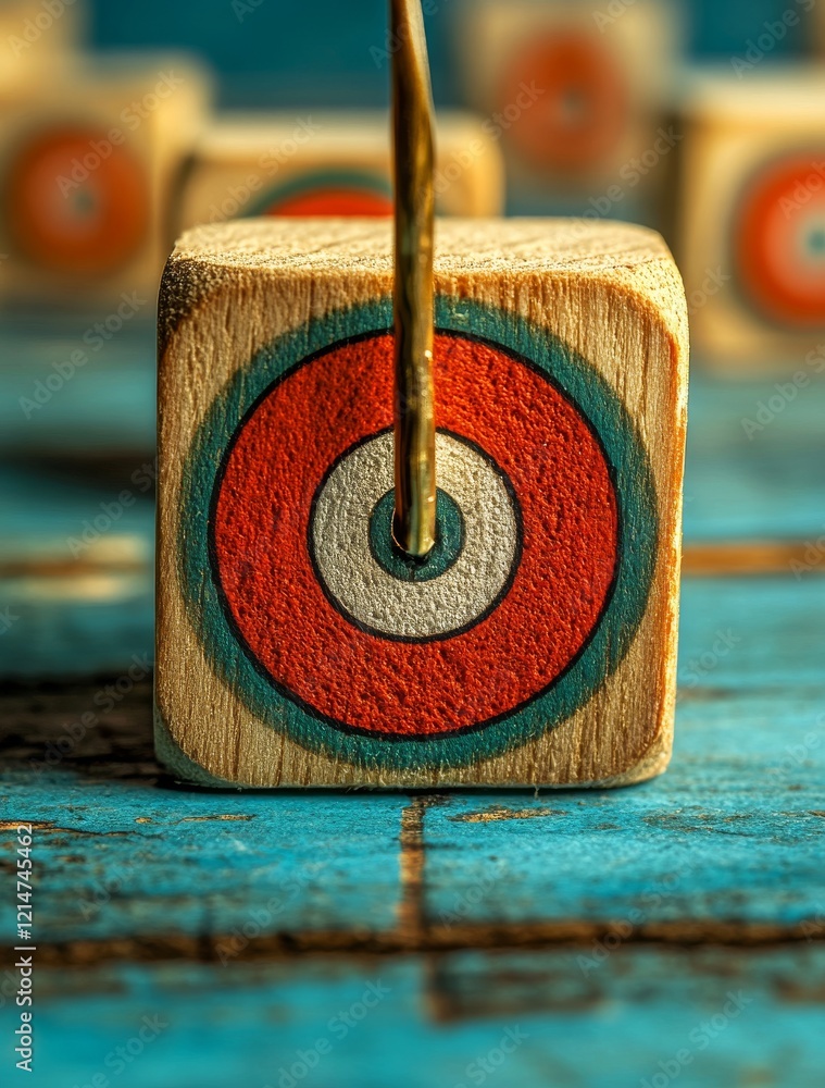 Poster above wooden blocks adorned with upward arrows and a target icon, a vertical 3d bar graph with steps