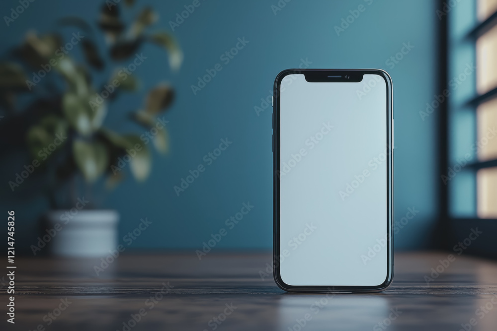 Poster smartphone resting on a wooden table with a small green plant in a pot in the background creating a 