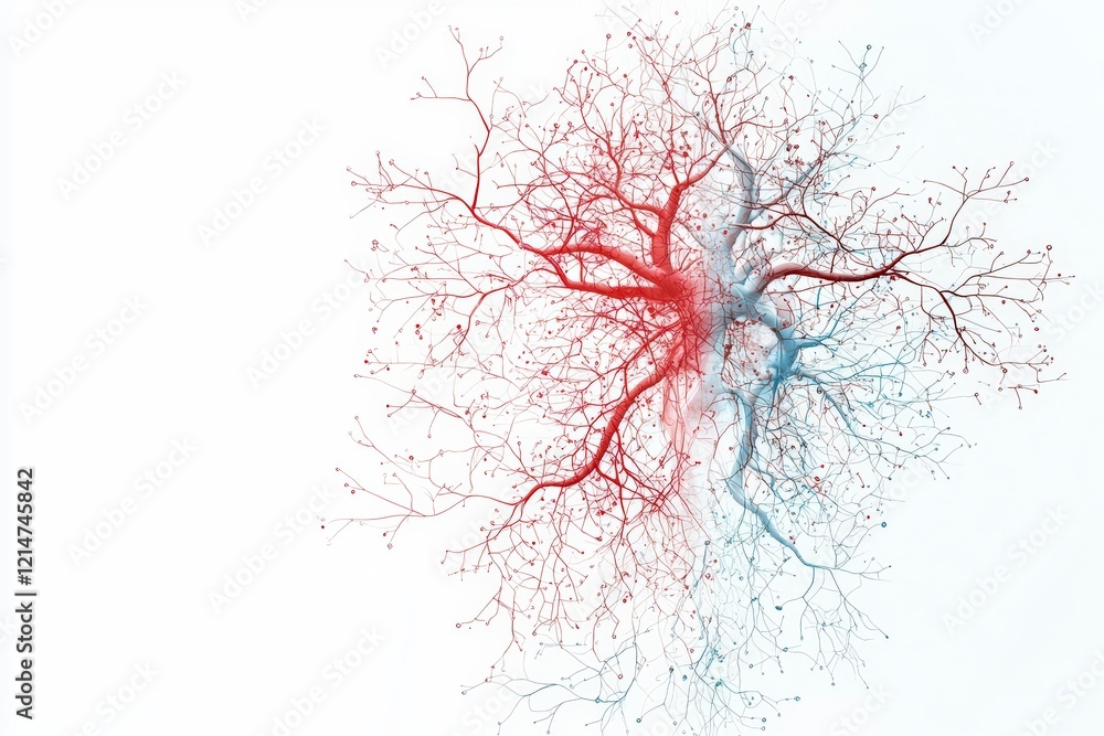 Poster an artistic representation of interconnected branches in red and blue hues, symbolizing complexity a