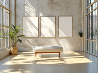 On a white wall with a few dirt stains, three vertical acrylic frames of blank white paper posters or photos are visible