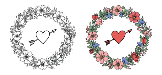 A Floral wreath with hearts and arrows vector illustration