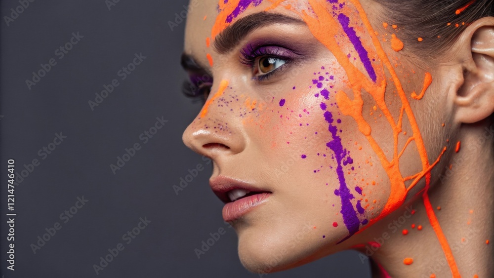 Poster a closeup of a womans face painted with asymmetrical splashes of neon orange and purple that flow un