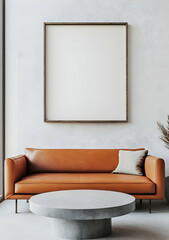 Modern Living Room Interior Design with Orange Leather Sofa and Concrete Coffee Table