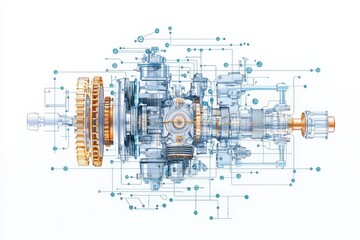 An intricate digital illustration of a mechanical engine, showcasing modern technology and engineering design with vibrant colors and detailed components.