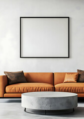 Modern Living Room Interior Design with Orange Leather Sofa, Concrete Coffee Table, and Minimalist Frame