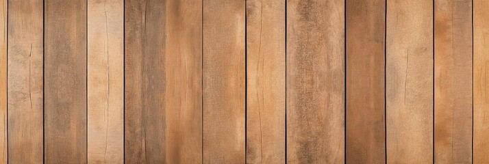 Obraz premium Panorama view of rustic light brown wooden planks. Vertical wooden boards create textured background. Wooden surface looks old, natural. Perfect for interior design exterior construction projects.