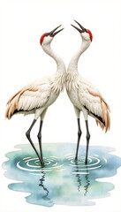 Obraz premium Two Japanese cranes with joyful expressions, standing in a pond, in a photorealistic style