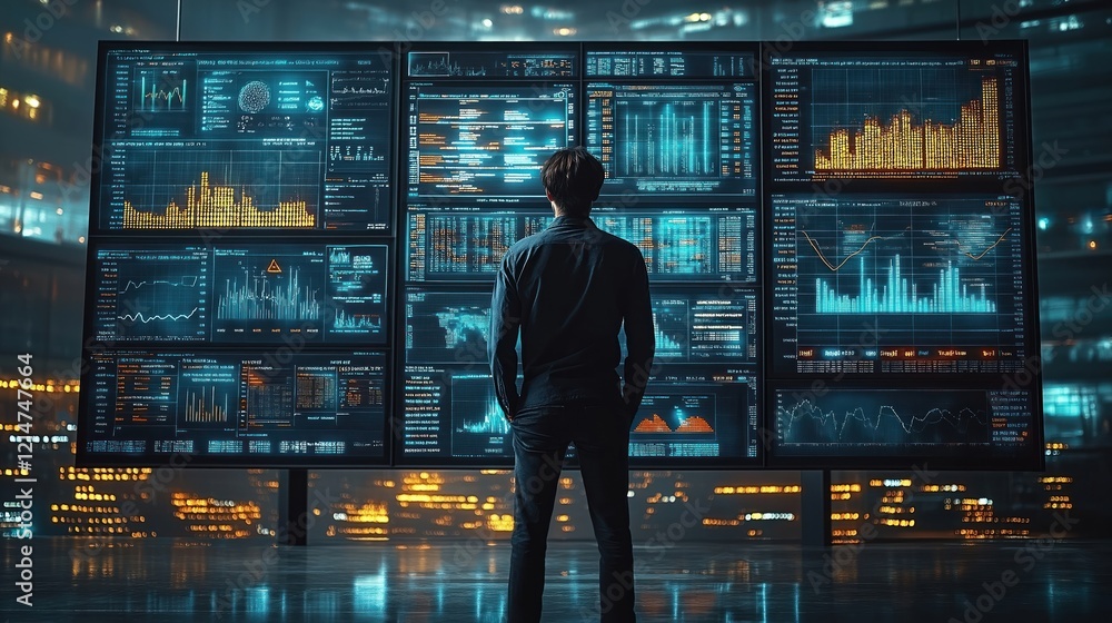 Poster man analyzes large data screen. huge display shows various charts, graphs. modern office tech center
