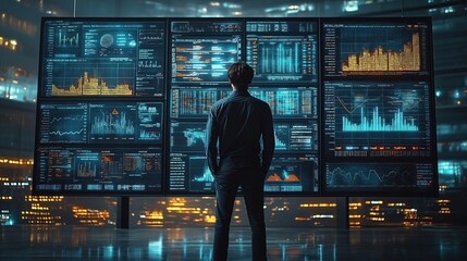 Man analyzes large data screen. Huge display shows various charts, graphs. Modern office tech center setting. Businessman looks at data info. Visualizations show growth, progress. Engineer programmer