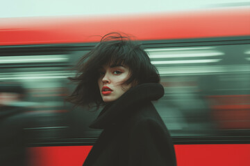 Woman with dark hair and red lips in front of a moving train