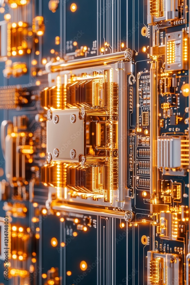 Poster close-up view of a circuit board featuring intricate designs, glowing elements, and advanced compone