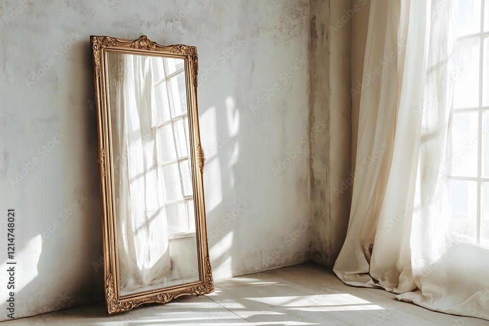 Wall mural An antique mirror with a golden frame leaning against a weathered white wall