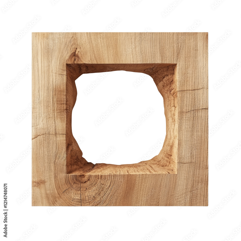 Poster A rustic square wooden frame with an unevenly carved inner opening provides a minimalist design element.