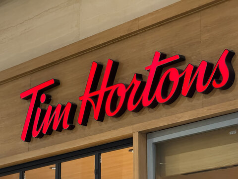 Shanghai,China-Feb.7th 2024: Tim Hortons brand logo store sign 