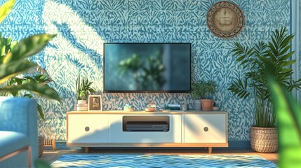 Modern interior design living room and tv on white pattern wall background. 3D rendering. 