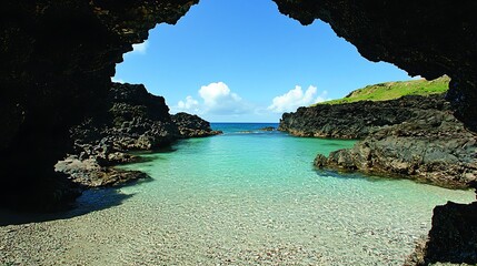 Fototapeta premium Island cove viewed through cave, tranquil turquoise water, sunny sky, travel brochure