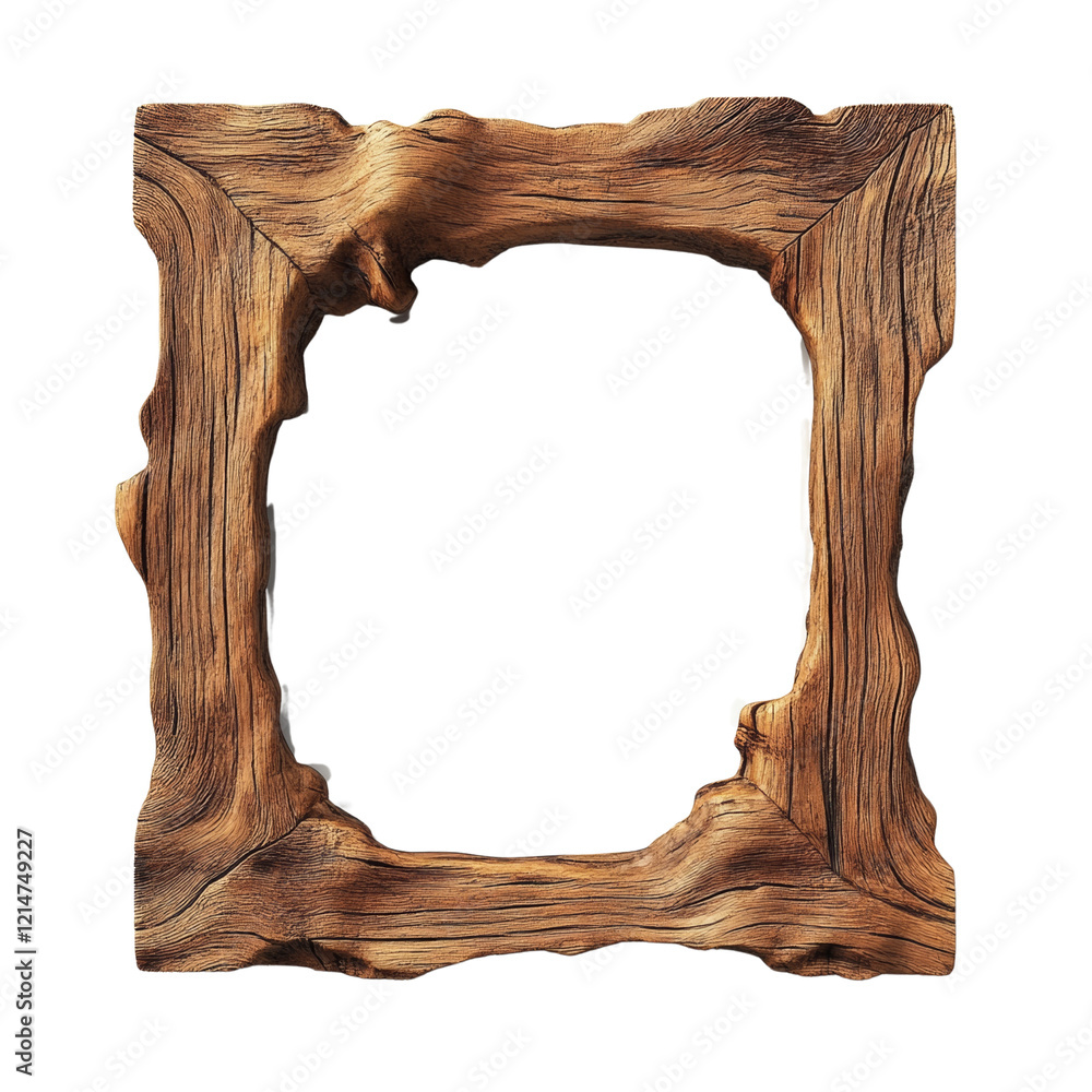 Poster a rustic square wooden frame with a unique irregular shape and visible wood grain texture, perfect f