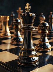 Fototapeta premium The vertical display of golden chess pieces—king, queen, rook, bishop, knight, and pawn—on a dark chessboard background represents leadership, teamwork, partnership, and strategic business concepts