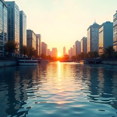 Fototapeta premium Golden Hour Urban Cityscape Blended with Rippling Water Sketch