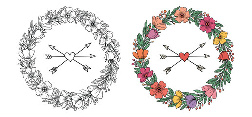 A Floral wreath with hearts and arrows vector illustration