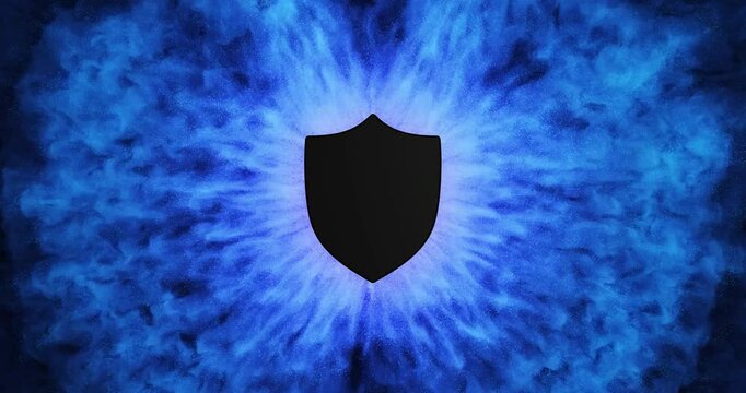 A black shield, surrounded by a swirling vortex of particles that transition through a mesmerizing color spectrum, creates a dynamic loop. The image symbolizes cybersecurity protection and resilience.