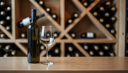 Wine bottle and glass on wooden table with wine cellar background
