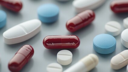 A detailed close-up of pills and tablets showing their diversity and texture
