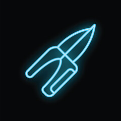 Neon secateurs icon, garden scissors glowing sign on black background