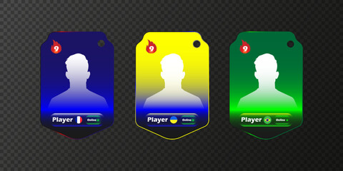 Three gradient soccer player cards with silhouettes, flames, online status, and national flags on a transparent background