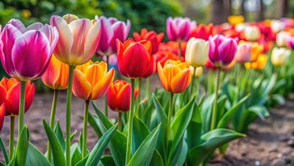Fototapeta premium A vibrant row of spring tulips in a garden bed, showcasing their cup-shaped blooms and slender stems , tulips, flowers