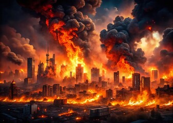 Obraz premium Apocalyptic Cityscape: Fiery Destruction & Gloomy Long Exposure