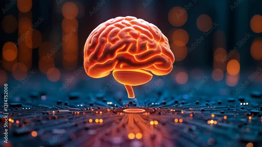Poster a highly detailed, futuristic brain with intricate circuit patterns and glowing orange lights above 