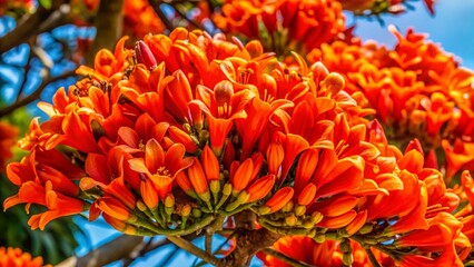 Vibrant Red-Orange Spathodea Campanulata Flowers Blooming on Tree