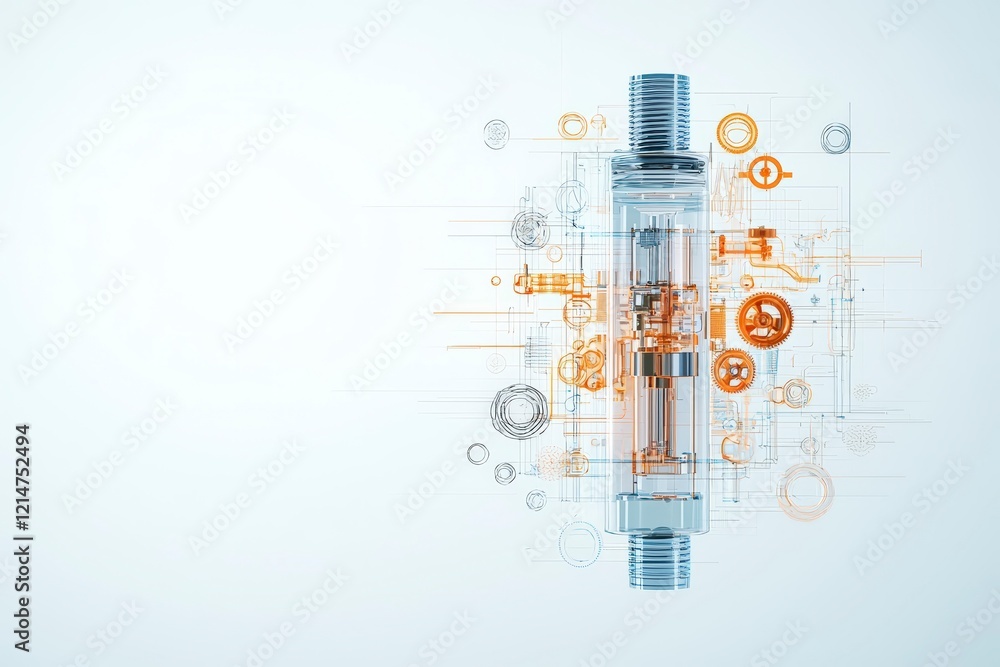 Poster this image illustrates a high-tech valve design surrounded by intricate technical elements, showcasi