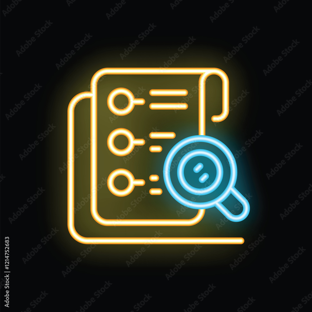 Poster neon icon of magnifying glass hovering over documents representing concept of auditing