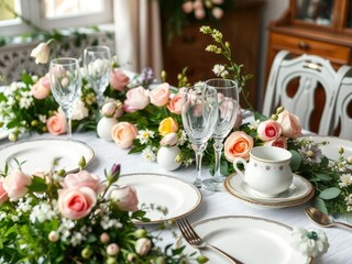 Fototapeta premium Elegant Easter table setting with fine china and crystal glasses surrounded by fresh flowers and greenery, spring florals, elegant home decor, cutlery and glassware