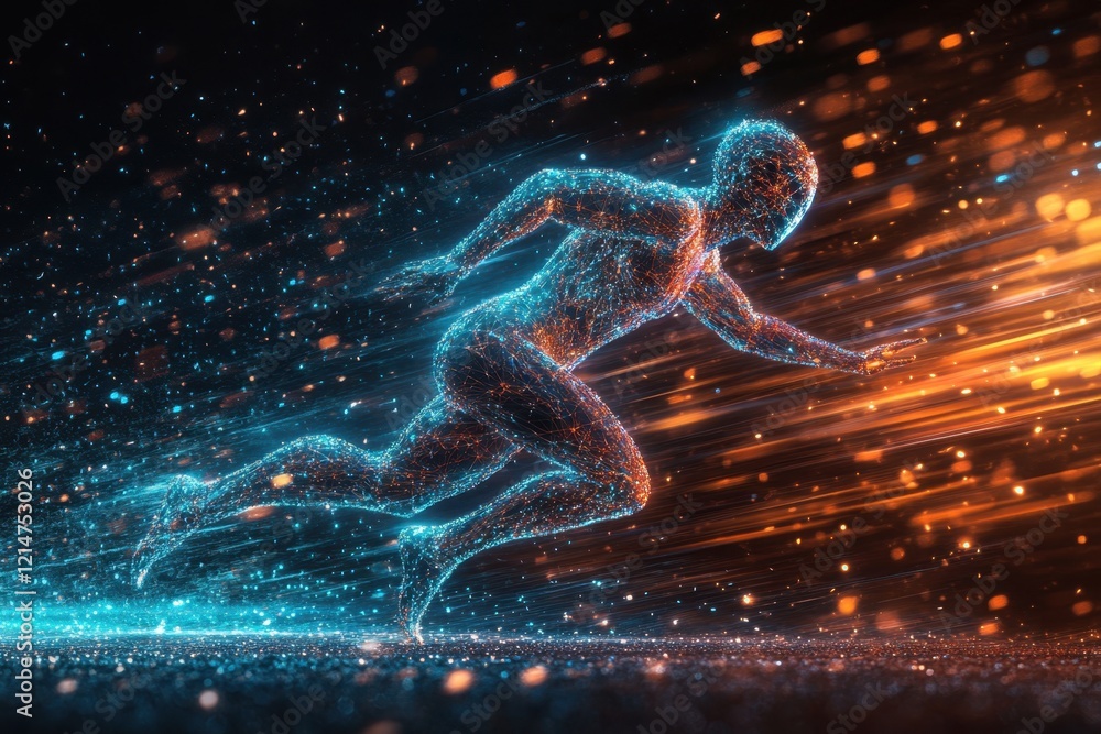 Poster dynamic holographic figure running swiftly in a vibrant digital environment at high speed