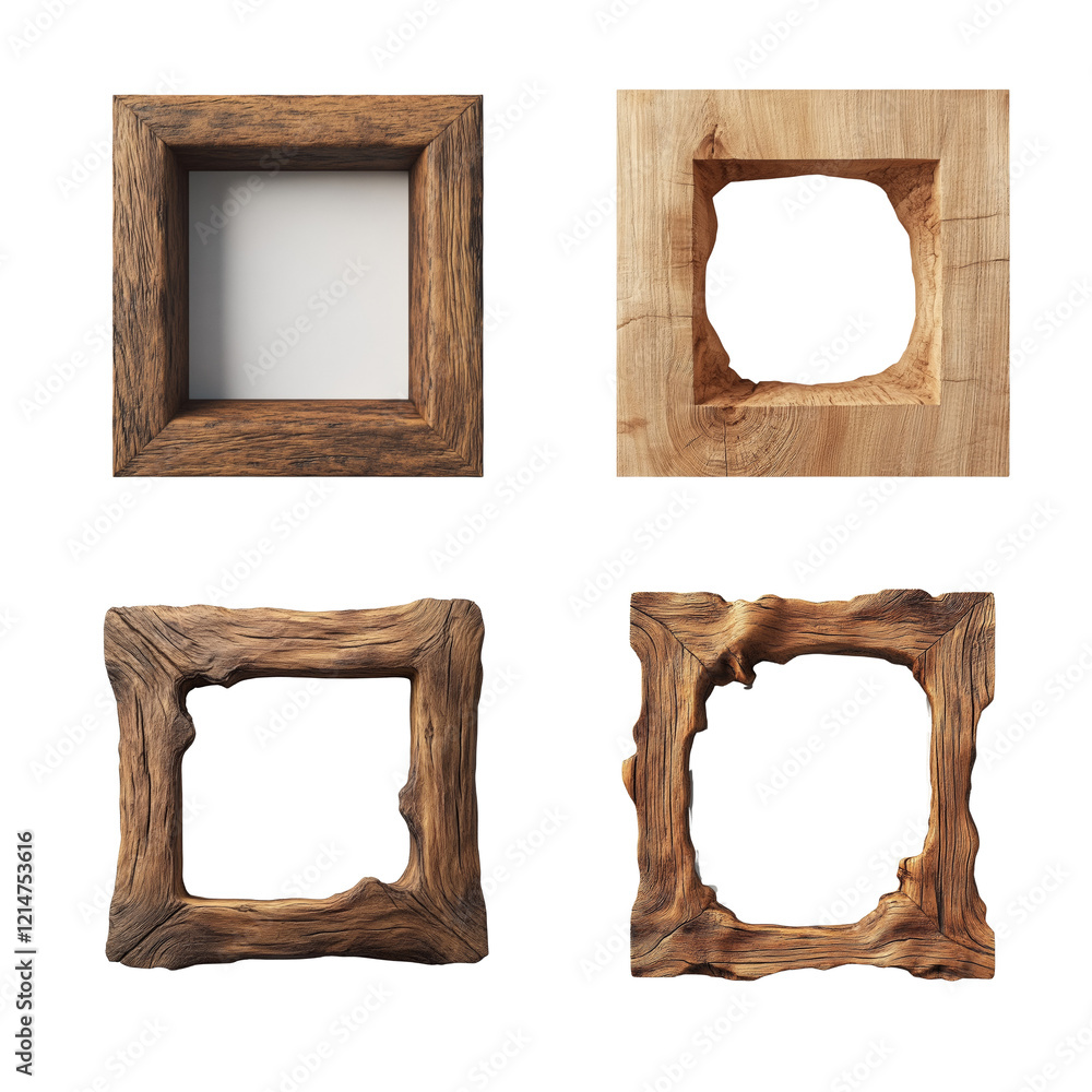 Fototapete the image shows four square picture frames made of rustic wood each with a slightly different style 