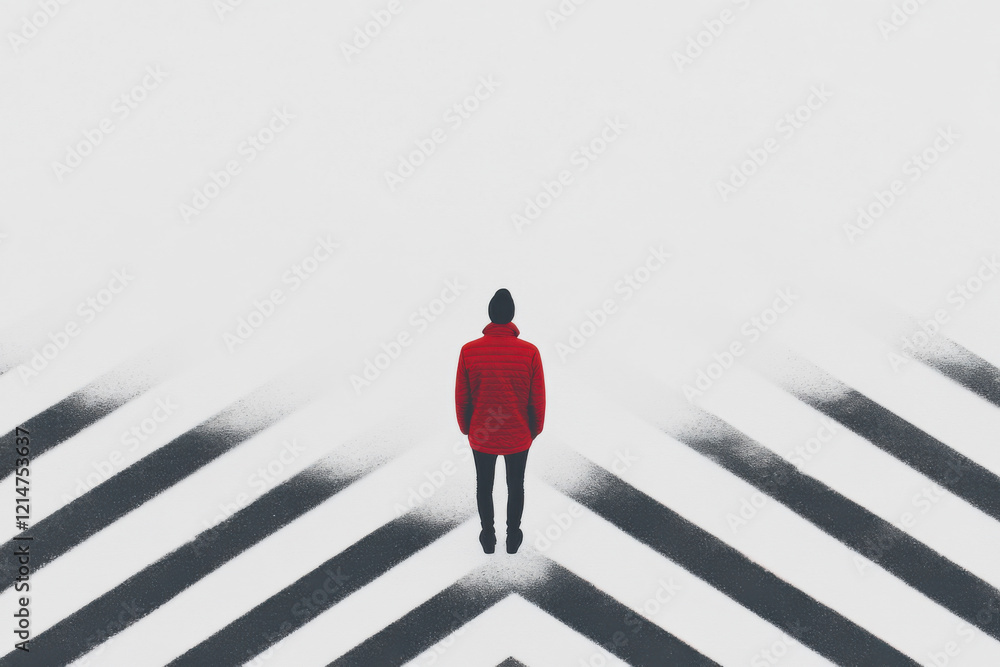 Poster a man in a red coat stands in the snow on a road with a zigzag pattern